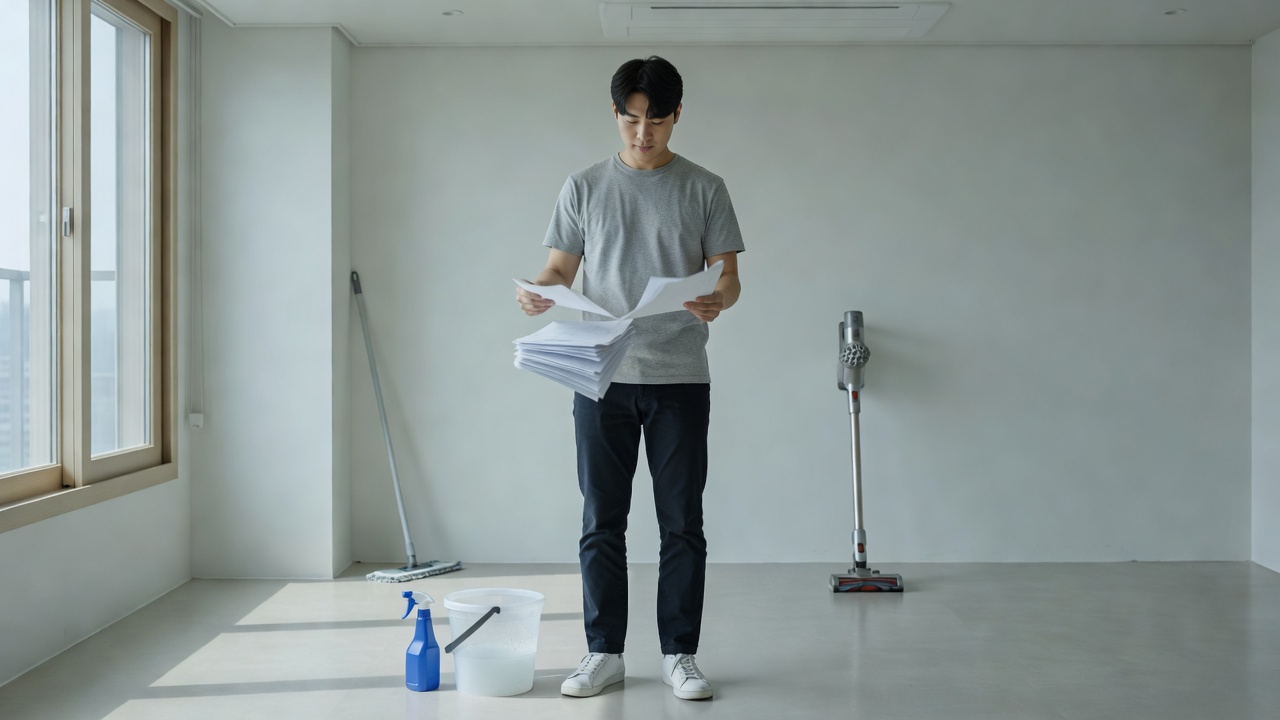 입주청소 목차를 보여주는 실내 청소 준비 장면
