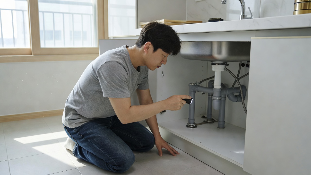 입주청소 전 싱크대 배관 막힘 점검을 준비하는 주방 장면